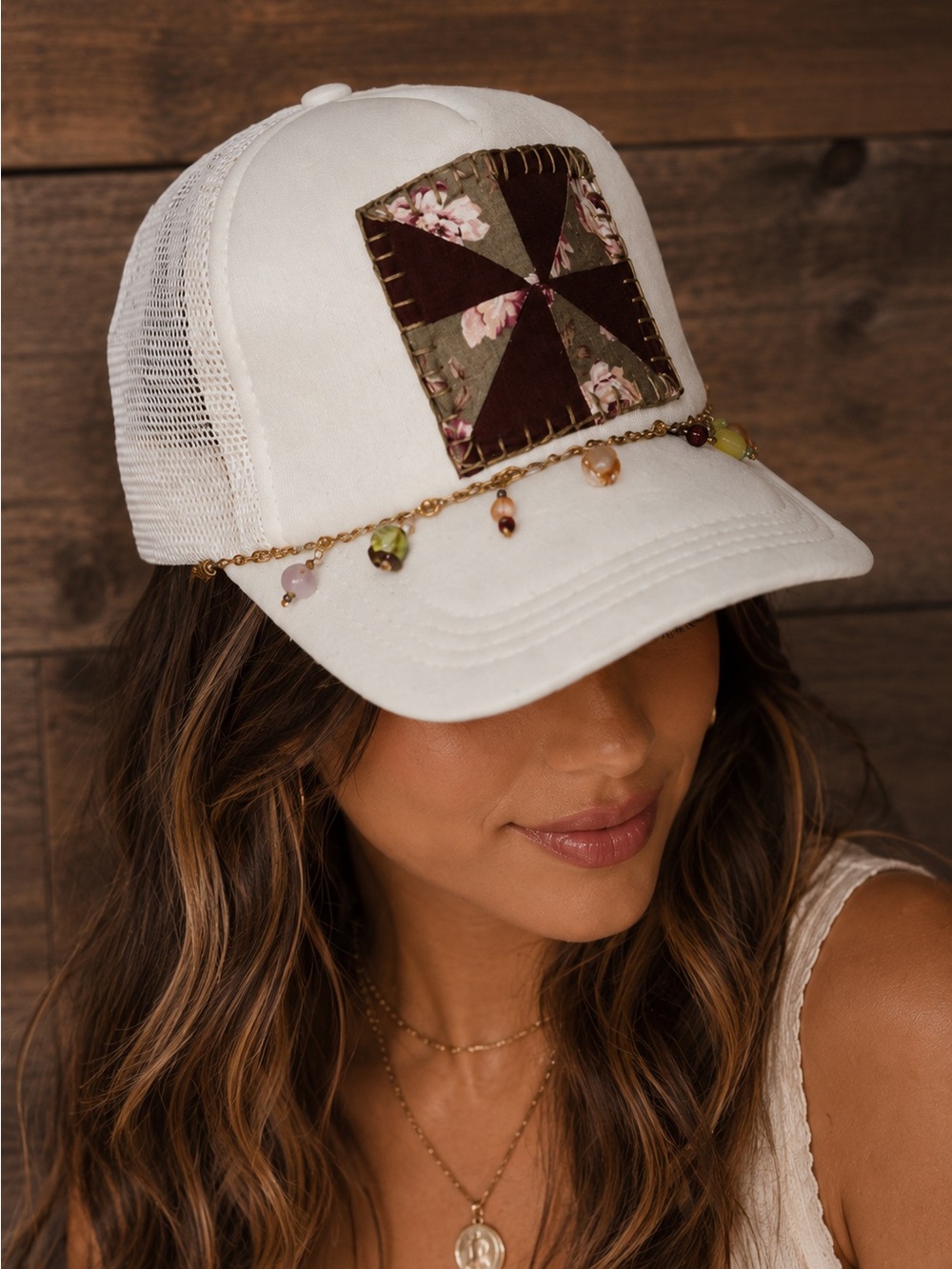 Handmade Patchwork Trucker Hat Floral Pinwheel Beaded Chain Cottagecore